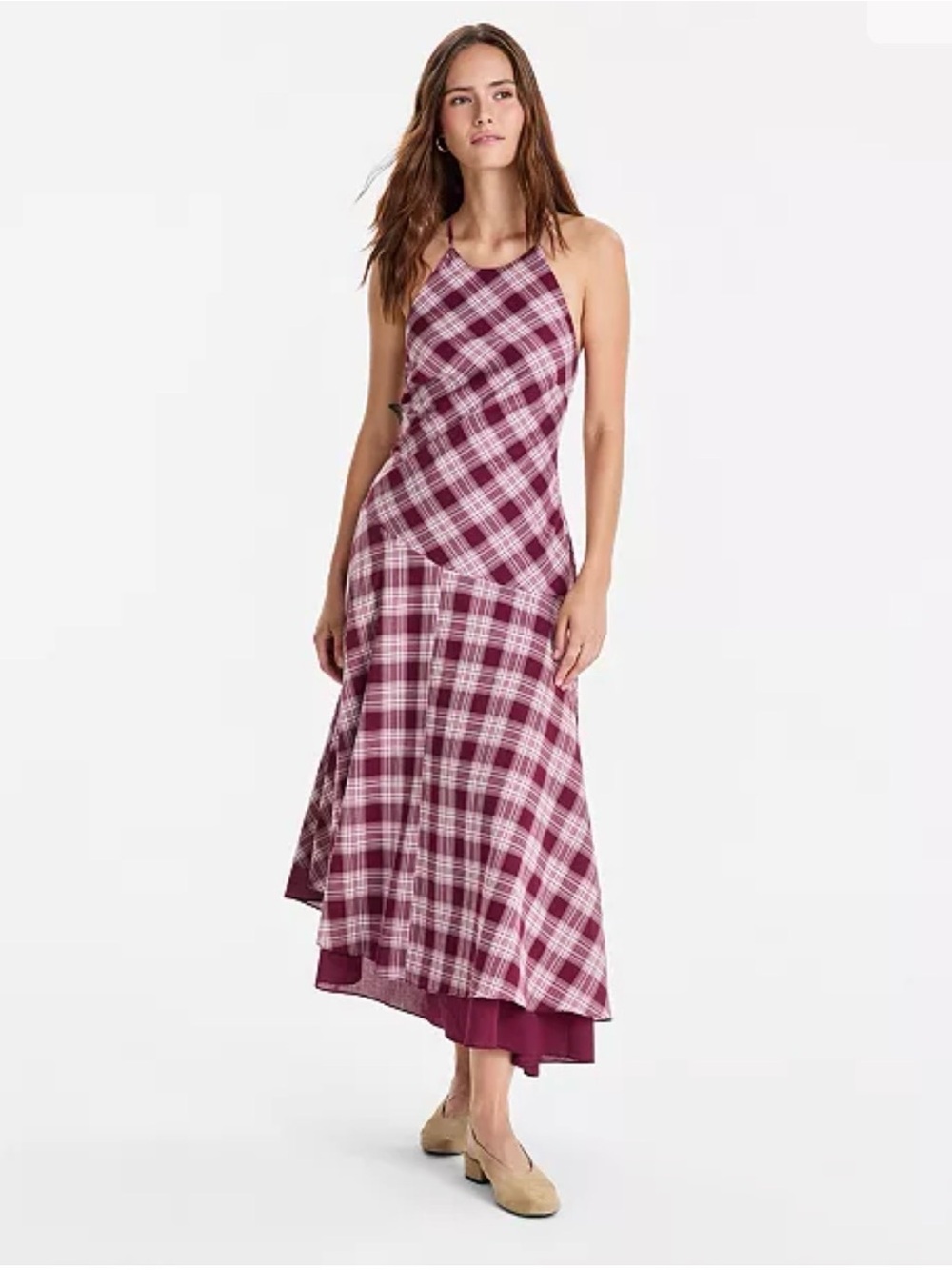 Plaid Halter Maxi Dress in Burgundy Pink
